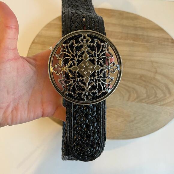 Black Woven Weaved Vegan Leather Free Size Round Buckle Belt Size Large - Picture 6 of 11